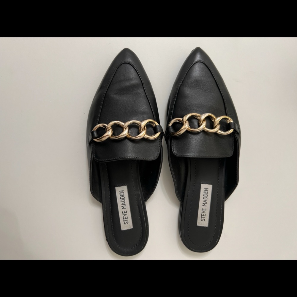 Black and gold Steve Madden pleather mules